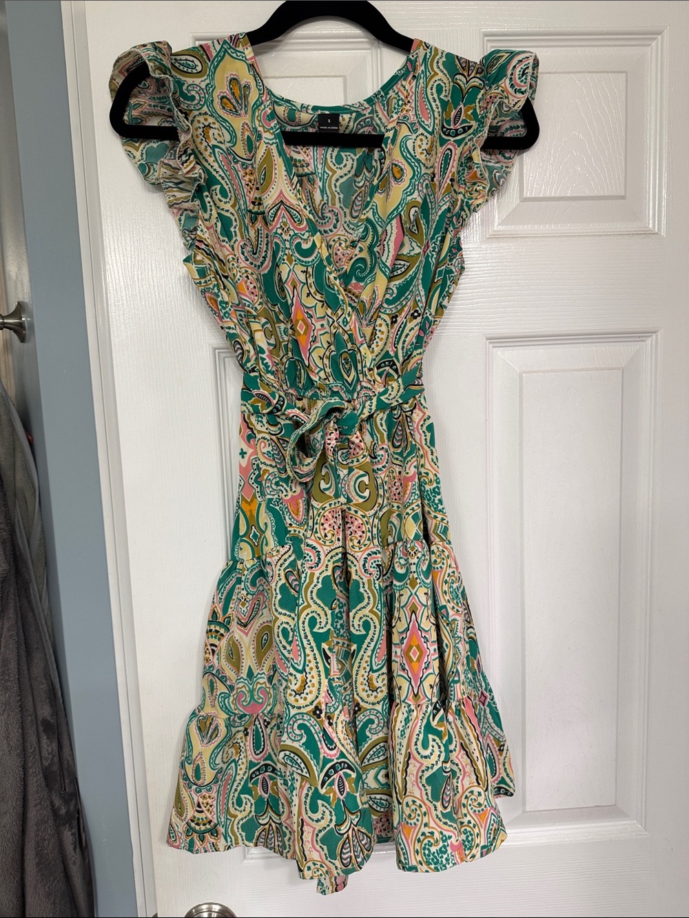 Teal Green Paisley Tie-Waist Mini Dress